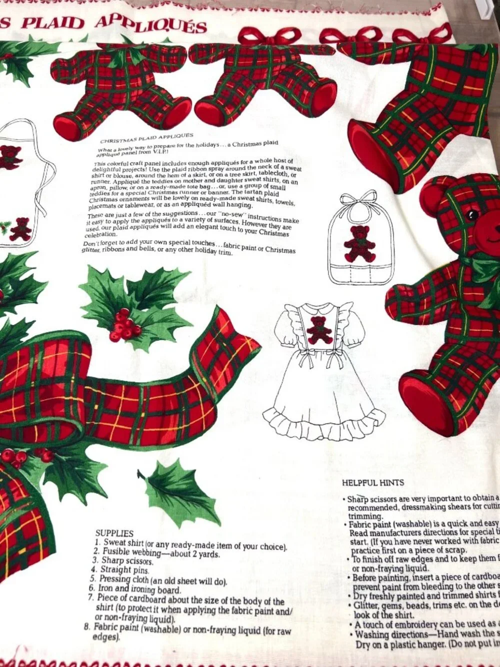 VTG Christmas Crafts Applique Fabric Panel VIP Cranston teddy bear ornaments
